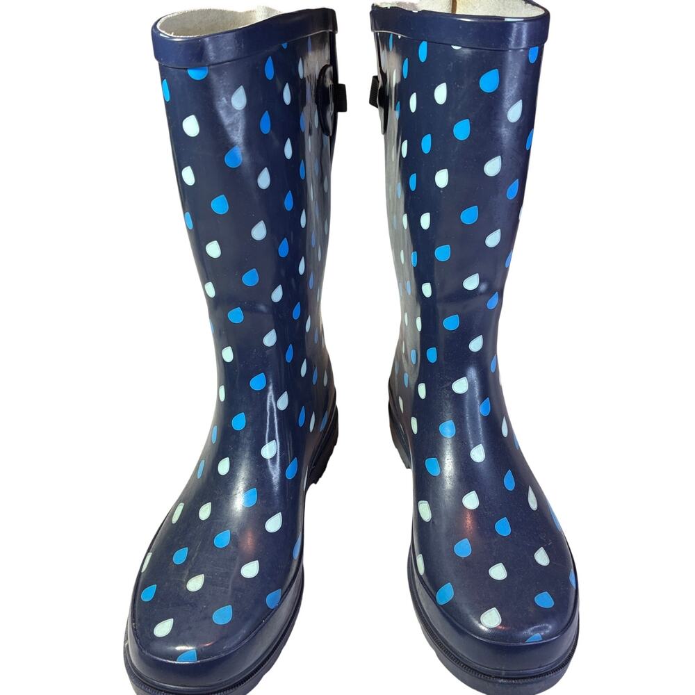 Western Chief Rain Boots Wm 10 Blue White Raindrop polka dots